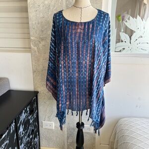 Shibori Poncho Blue Brown Top with Fringe Tie Dye Poncho